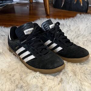 adidas Black Suede Sneakers with White Stripes and Gum Sole
